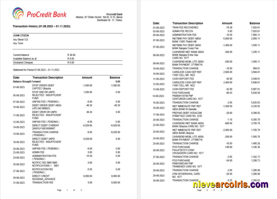 Albania ProCreditBank bank statement Word and PDF, 3 pages